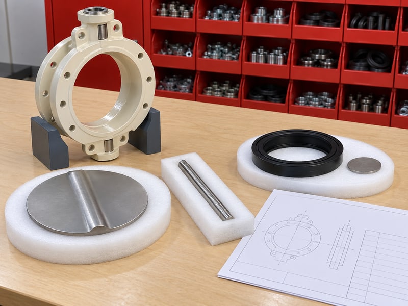 water type butterfly valve: illustrative empty valve body with separate disc-shaped sample, shaft, seat and material coupons on individual pads