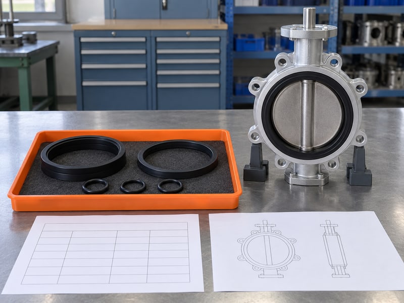 water type butterfly valve: illustrative supported silver gray butterfly valve beside separate unlabelled black seat and seal ring samples