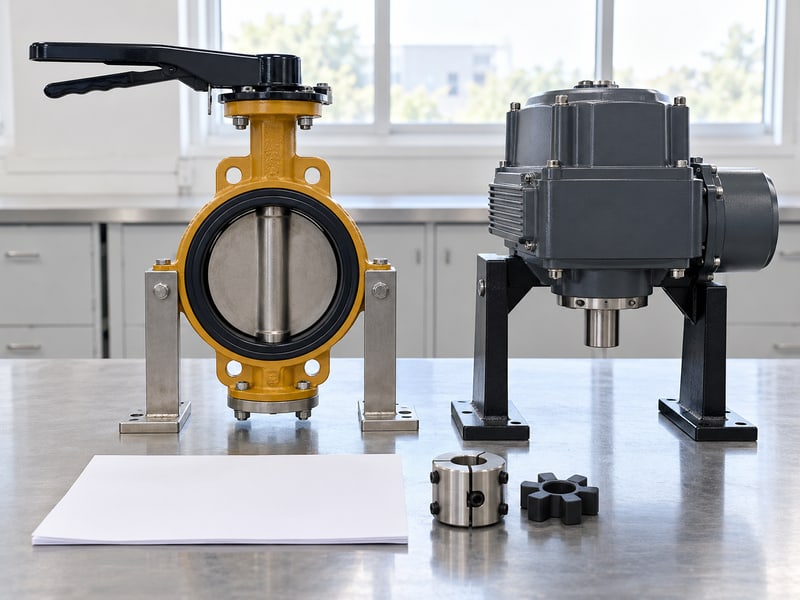 water type butterfly valve: illustrative supported manual valve and a separate actuator housing at a drive-package review bench