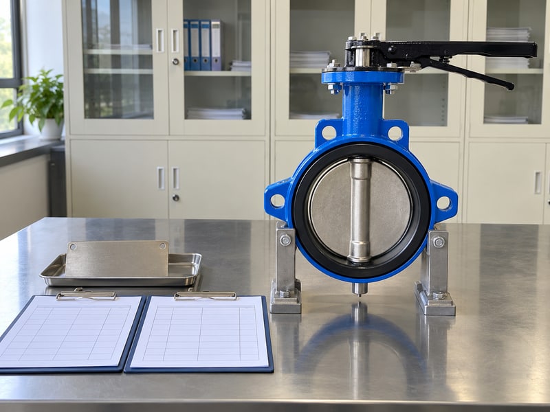 water type butterfly valve: illustrative supported butterfly valve beside blank inspection and water-duty scope check sheets