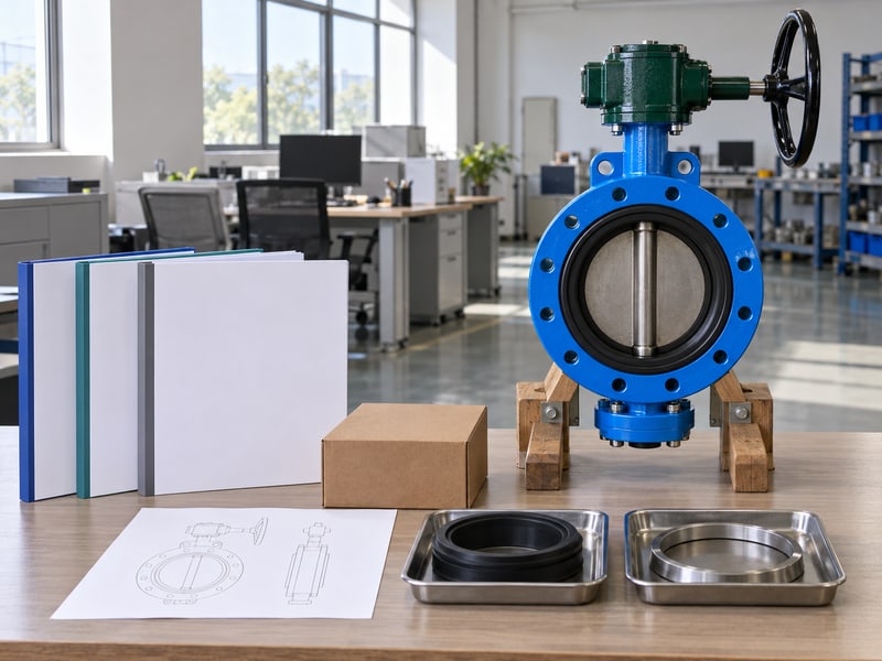 water type butterfly valve: illustrative single supported butterfly valve beside blank water-service quotation records and loose samples