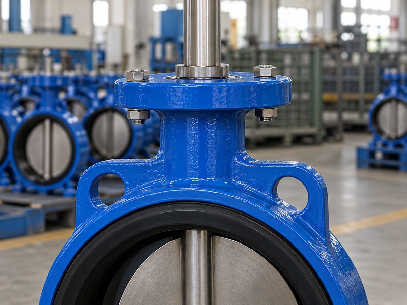 Upper shaft and body neck of an assembled butterfly valve