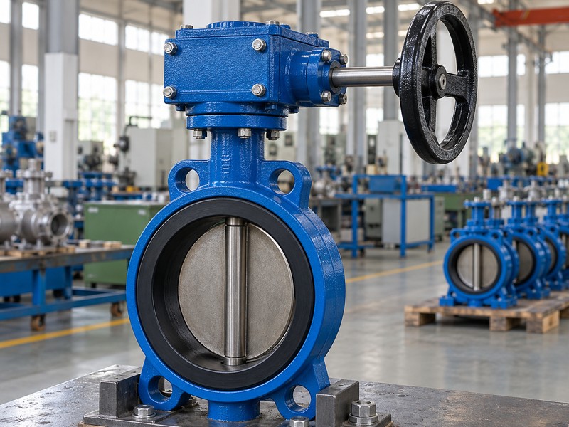 Worm gearbox and handwheel above a butterfly valve stem