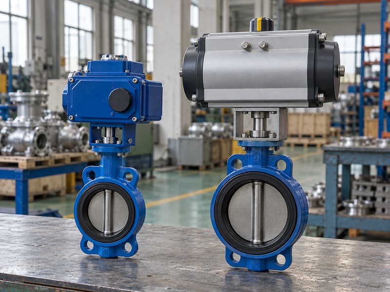 Electric and pneumatic butterfly valve drive assemblies on a bench