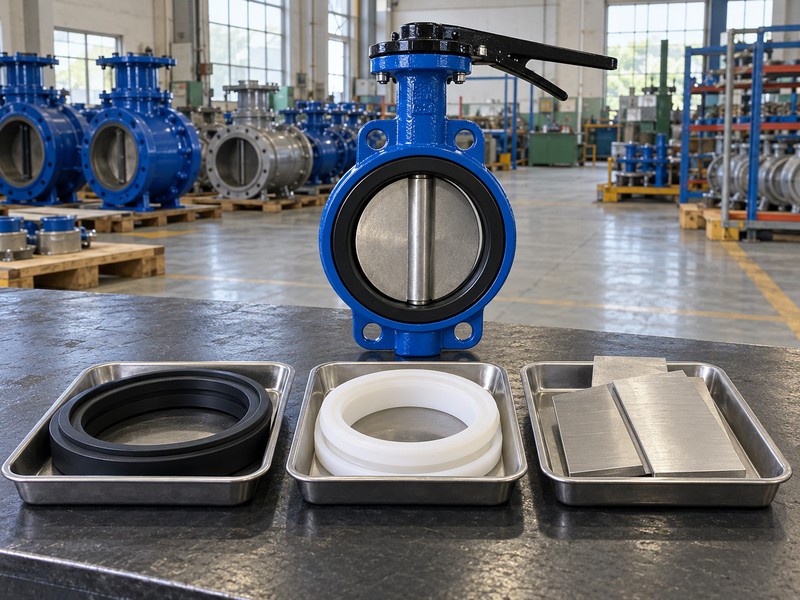 Elastomer, fluoropolymer and metal samples in separate trays