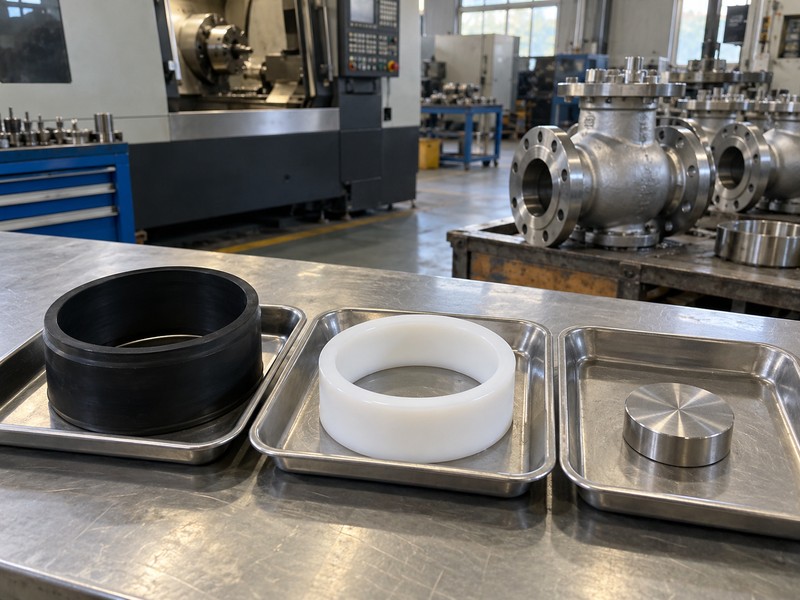 Elastomer and fluoropolymer samples beside a stainless material coupon