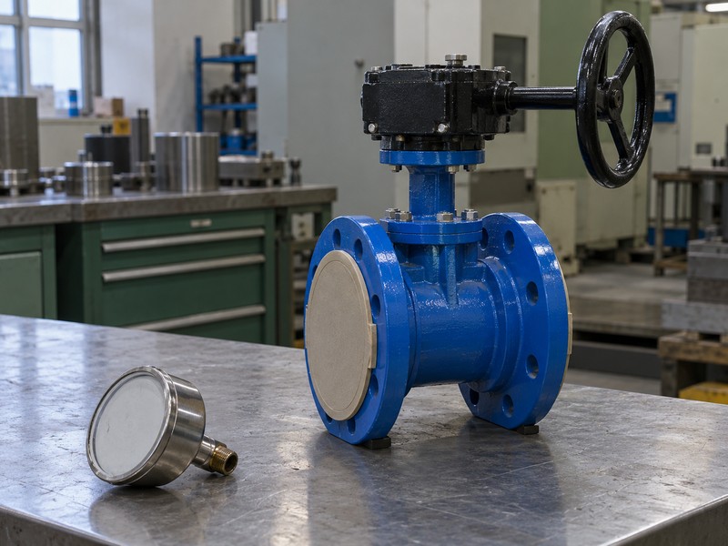 Disconnected pressure gauge beside a protected butterfly valve