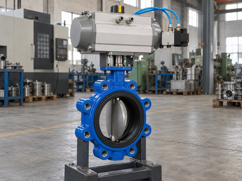 Pneumatic actuator mounted above a lug butterfly valve