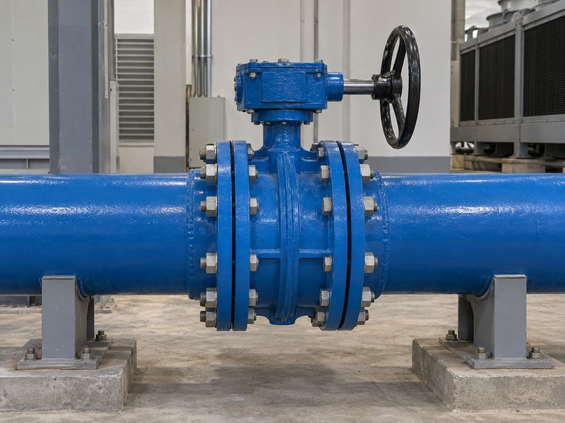 Gear-operated butterfly valve in a supported straight water pipe
