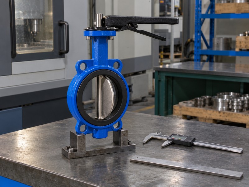 Upright wafer butterfly valve with inspection tools beside it