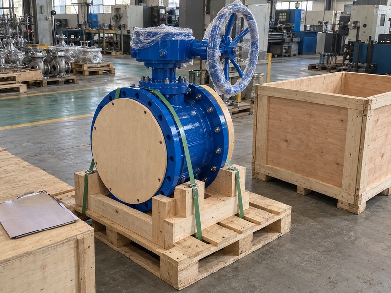 Protected double-flanged butterfly valve restrained on a shipping pallet