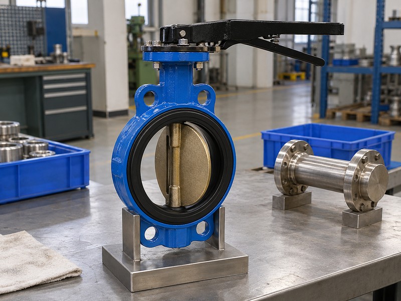 Butterfly valve with a bronze-coloured disc on an inspection stand