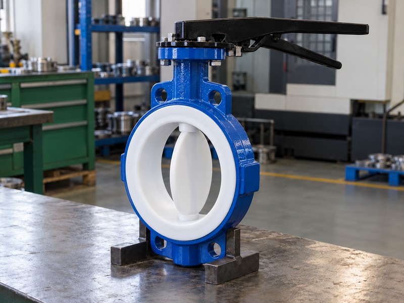 White-lined butterfly valve with a covered disc and continuous liner