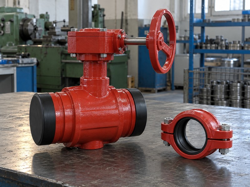 Capped grooved butterfly valve beside a separate grooved coupling