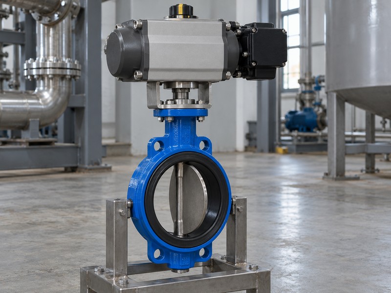 Pneumatic rotary actuator mounted above a wafer butterfly valve