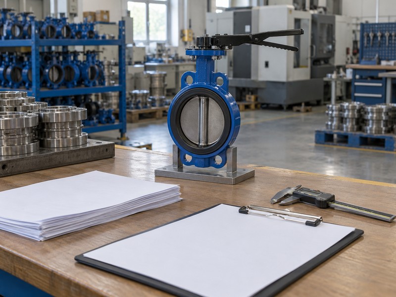 Valve selection documents and tools beside a small butterfly valve