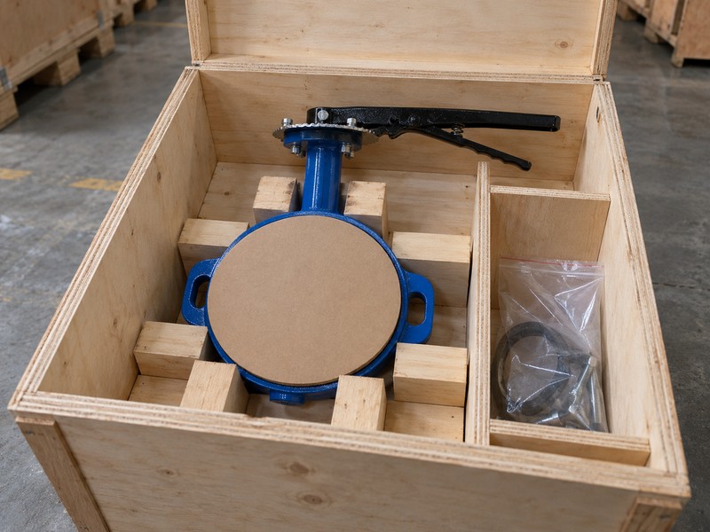 Small butterfly valve protected in a fitted shipping cradle
