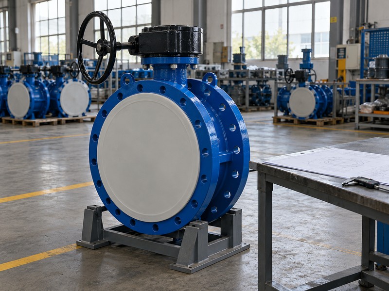 Protected flanged butterfly valve beside drawing-review tools