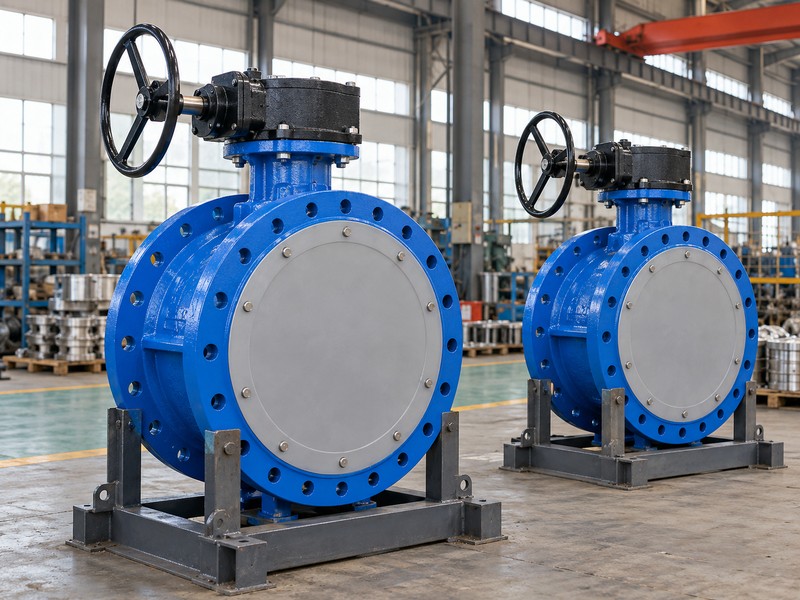 Large flanged butterfly valves supported in separate cradles