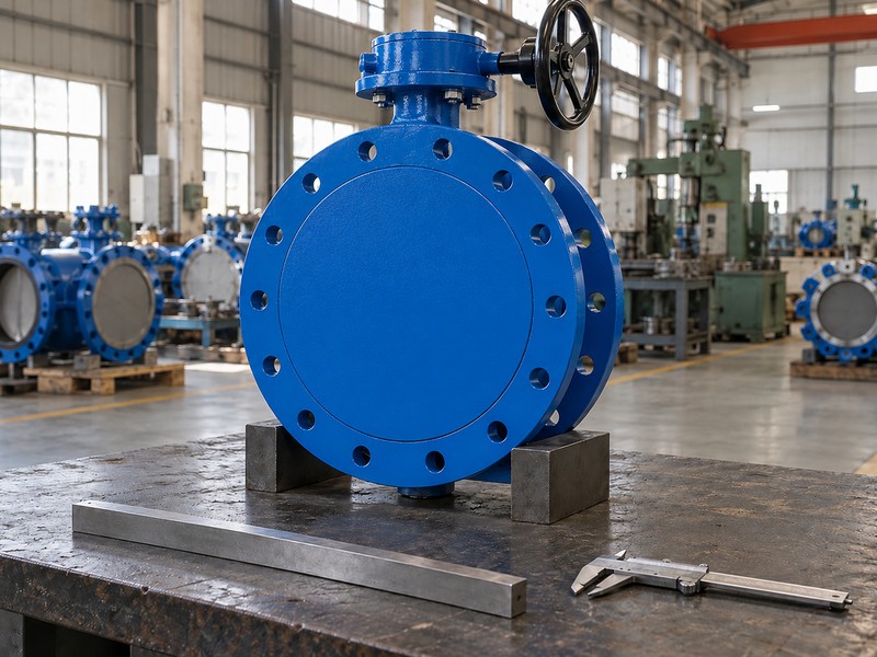 Flanged butterfly valve prepared for dimensional inspection