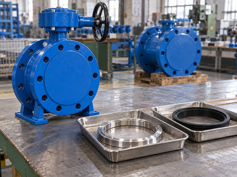 Separate seat-ring and elastomer material samples near a valve