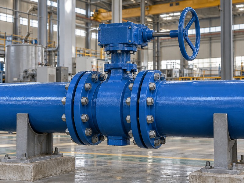 Gear-operated flanged butterfly valve in a straight supported water pipe