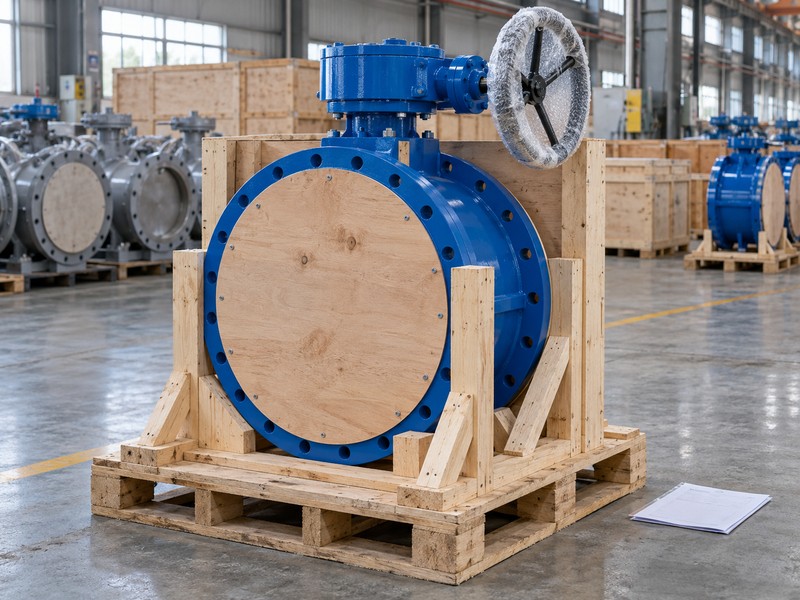 Protected flanged water valve secured in a wooden shipping cradle