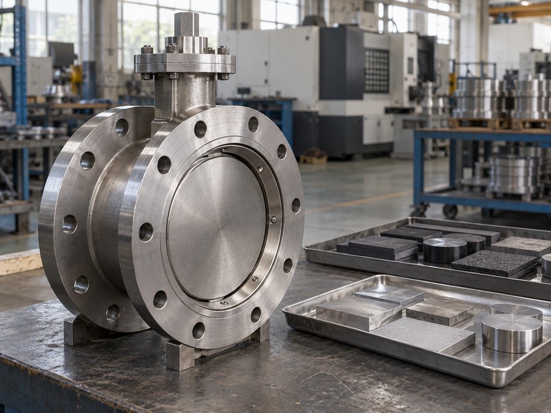 Metal-seated valve beside separate material-review samples
