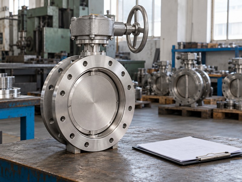 Metal-seated flanged valve beside face-down drawing sheets