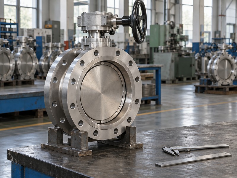 Metal-seated butterfly valve beside dimensional inspection tools