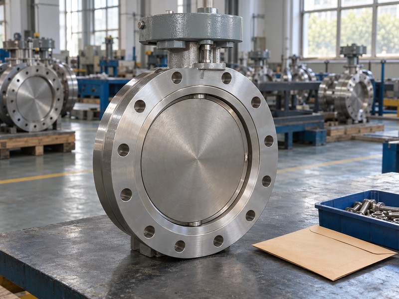 Protected metal valve beside a plain document envelope