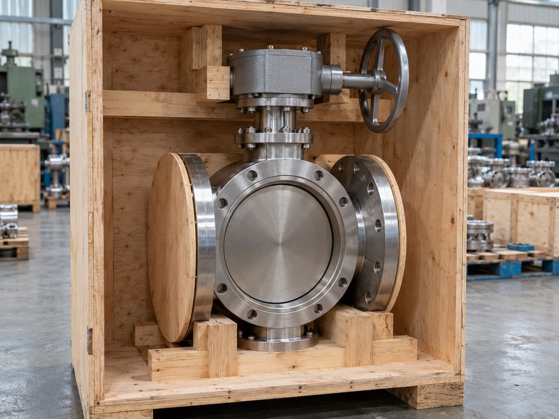 Metal-seated flanged valve supported in a fitted shipping cradle