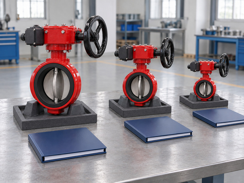 Illustrative wholesale butterfly valve with supervisory switch order-configuration review showing three differently sized complete valves on separate padded trays with blank folders.