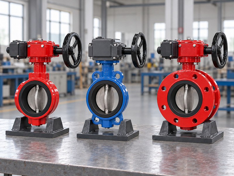 Illustrative wholesale butterfly valve with supervisory switch configuration comparison showing three separate complete valves with different end-connection body styles and closed operator housings.