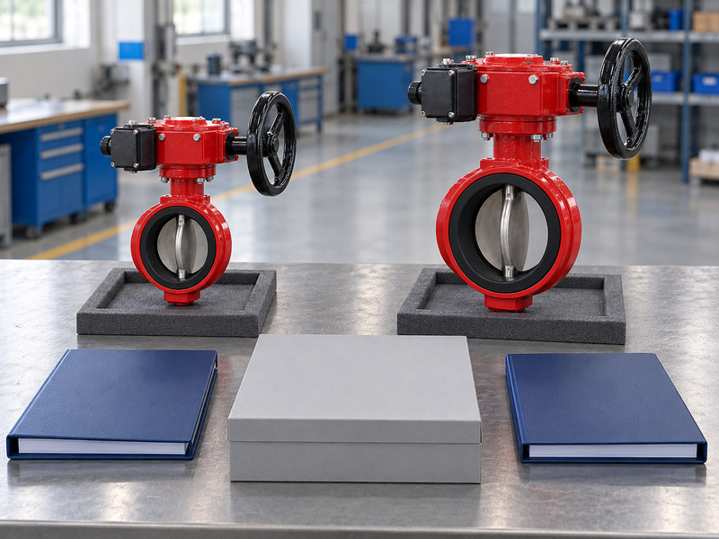 Illustrative wholesale butterfly valve with supervisory switch document-scope review showing two differently sized complete valves on separate padded trays, two blank folders and one larger closed document box.