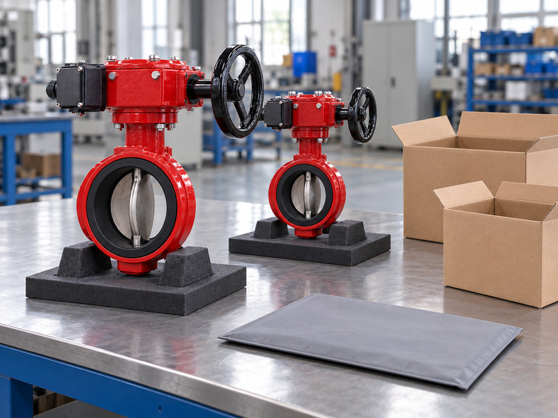 Illustrative wholesale butterfly valve with supervisory switch packing-scope review showing two complete valves on separate padded supports beside open unmarked boxes and a blank document sleeve.
