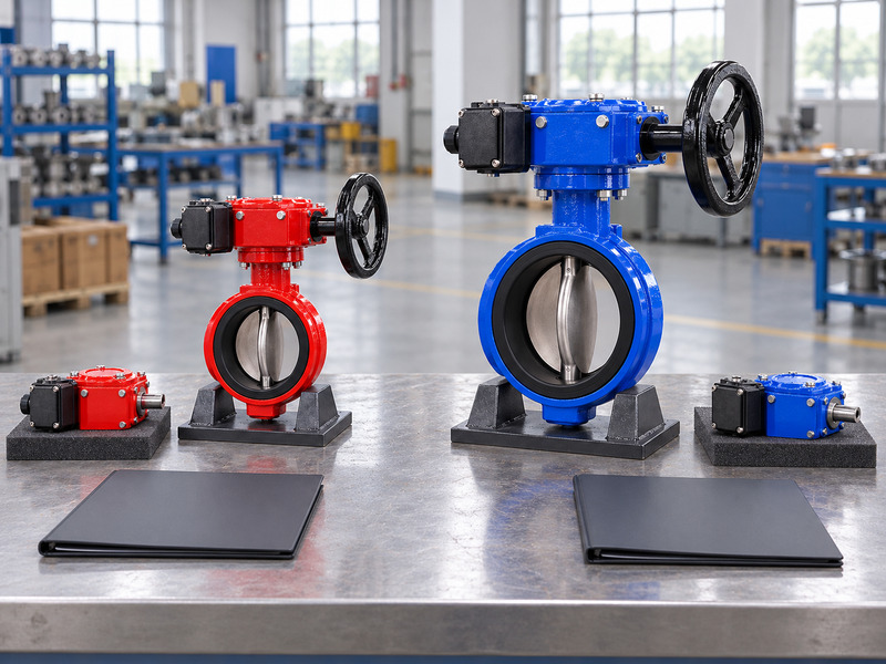 Illustrative wholesale butterfly valve with supervisory switch spare-component review showing two differently sized complete valves, separate candidate enclosed gear-switch assemblies on foam pads and blank folders.