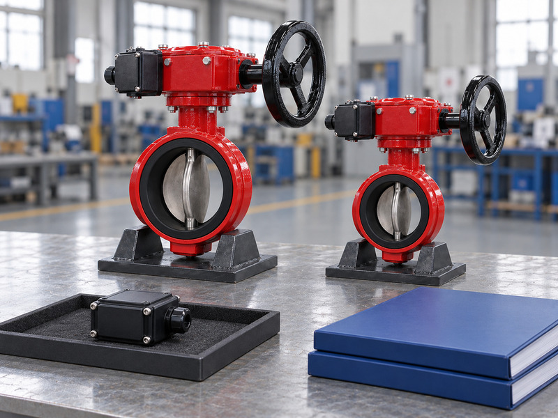 Illustrative wholesale butterfly valve with supervisory switch substitute review showing two complete valves on separate supports, a closed candidate switch enclosure in its own padded tray and stacked blank folders.