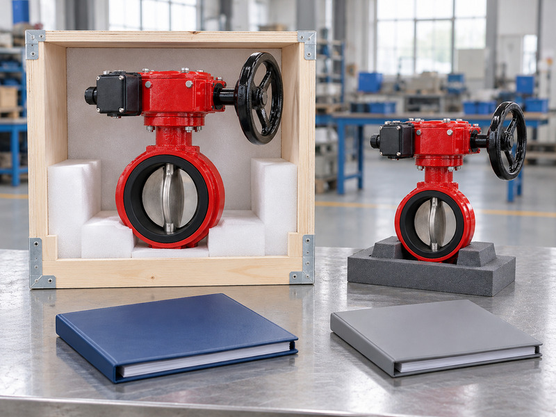 Illustrative wholesale butterfly valve with supervisory switch staged-delivery review showing one complete valve in an open padded wooden crate, another on a separate padded tray and two blank folders.
