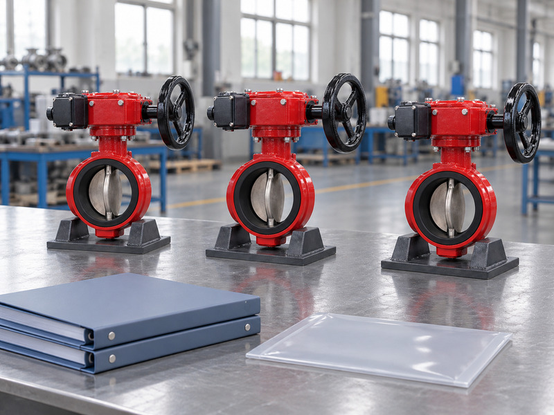 Illustrative wholesale butterfly valve with supervisory switch acceptance-plan review showing three complete valves on separate padded supports, stacked blank closed folders and a clear blank document sleeve.