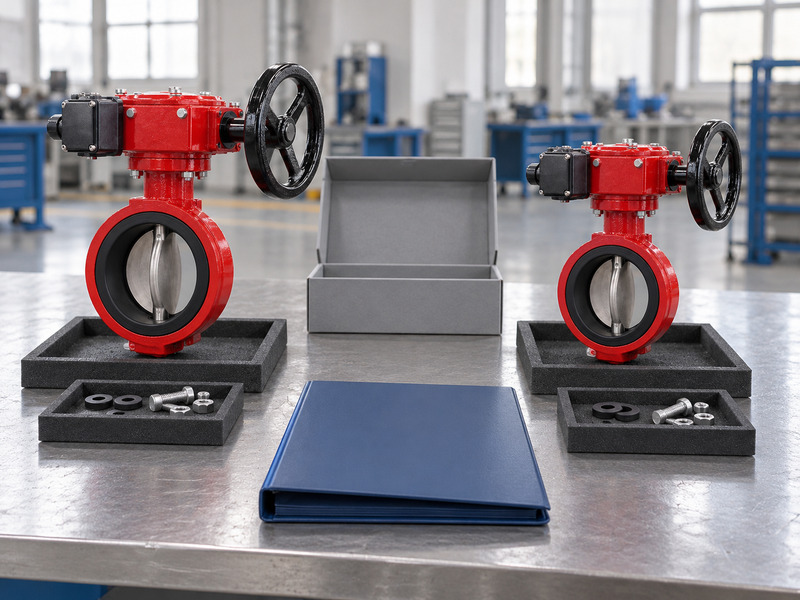 Illustrative wholesale butterfly valve with supervisory switch project-allocation review showing two complete valves in separate padded trays with small accessory trays, one blank folder and an open empty document box.