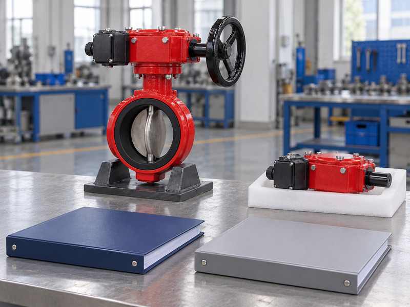 Illustrative wholesale butterfly valve with supervisory switch repeat-order review showing one complete valve, a separate candidate enclosed gear-switch assembly on a foam tray and two differently colored blank folders.