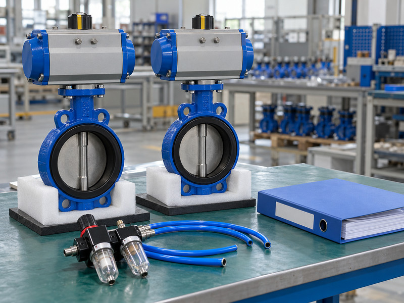 wholesale double acting pneumatic butterfly valve: Valve samples beside a quality document folder