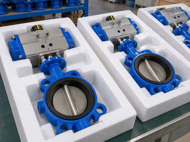 wholesale double acting pneumatic butterfly valve: Foam protecting a valve body and actuator