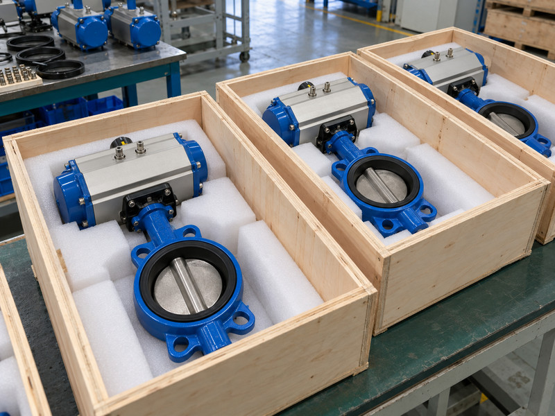 wholesale double acting pneumatic butterfly valve: Protected valve assemblies in export crates